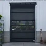 Black roll up door with clear window panels installed at a greenhouse workspace for airflow and outdoor visibility.