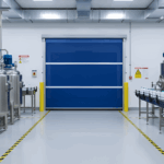 Blue Roll Up Bug Door installed in a liquid processing facility with stainless tanks and conveyor line.