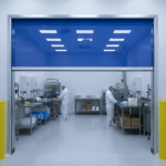 Blue vinyl roll-up door covering the entrance to a cleanroom laboratory with worker and stainless-steel equipment