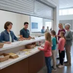 “Church hall reception counter with Roll Up Counter Door open, showing organized registration and guest service area”