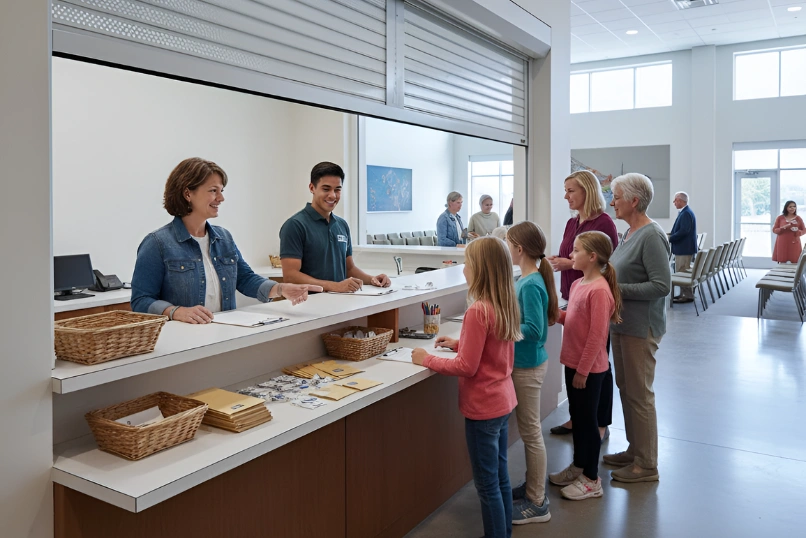 “Church hall reception counter with Roll Up Counter Door open, showing organized registration and guest service area”