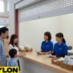 Church volunteers assisting a family at a reception desk inside a church hall, demonstrating organized service and guest interaction.