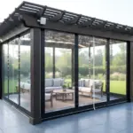 Clear vinyl curtains rolled down on a wooden backyard pavilion, creating a cozy enclosed lounge area while keeping outdoor visibility open.