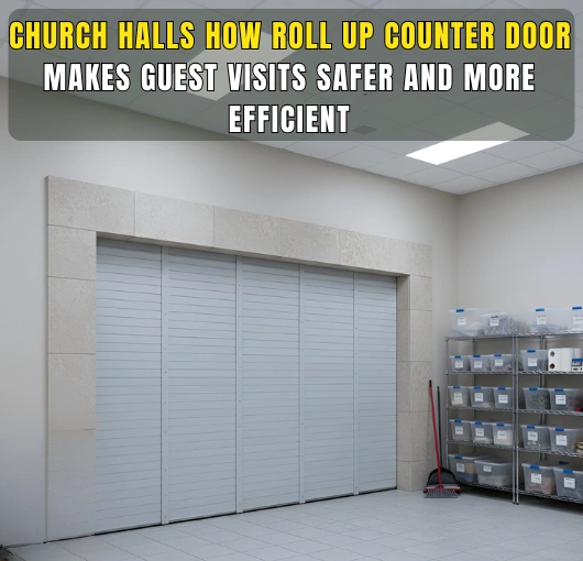 Closed Roll Up Counter Door in church hall storage area securing supplies and equipment