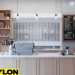 “Coffee shop counter featuring grid Roll Up Counter Door for ventilation and visibility”