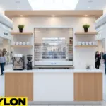 “Coffee shop kiosk in a mall with closed roll-up grille door securing counter and equipment”