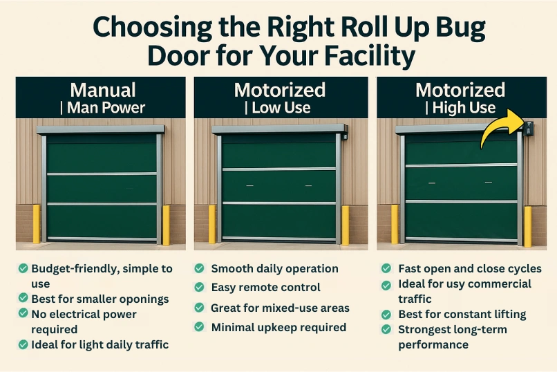 Comparison chart showing manual, motorized low-use, and motorized high-use roll-up bug door options for commercial facilities.