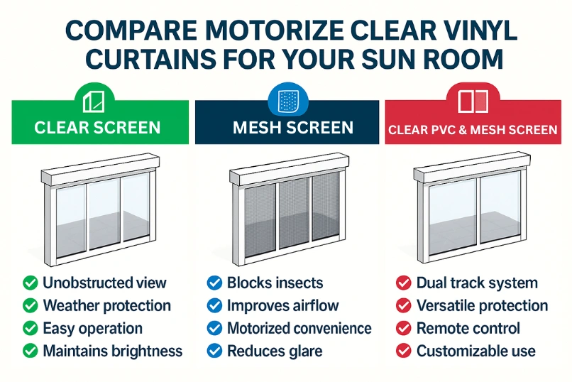 Comparison infographic of motorized clear vinyl curtains for sun rooms showing Clear PVC, Mesh Screen, and Dual Track system options with benefits like weather protection, airflow, and remote control.
