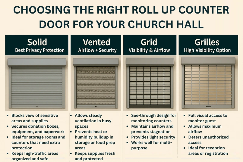 “Comparison of Roll Up Counter Door styles for church halls Solid, Vented, Grid, and Grilles with key features and benefits”