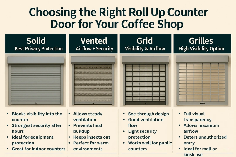 “Comparison of Roll Up Counter Door styles for coffee shops Solid, Vented, Grid, and Grilles with features and benefits”