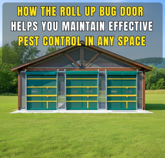 Exterior view of multiple Roll Up Bug Doors installed on a barn to maintain pest control while allowing ventilation.