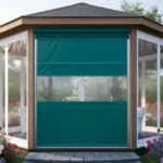 Gazebo enclosed with a green roll up vinyl door featuring a clear vision panel for improved comfort in any weather.