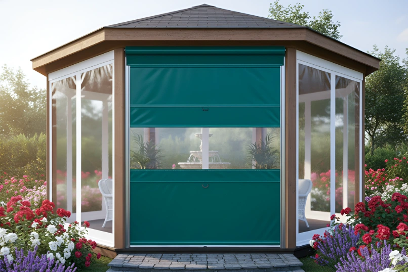 Gazebo enclosed with a green roll up vinyl door featuring a clear vision panel for improved comfort in any weather.