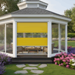 Gazebo featuring a bright yellow outdoor vinyl enclosure door, set in a landscaped garden with colorful flowers and shrubs.