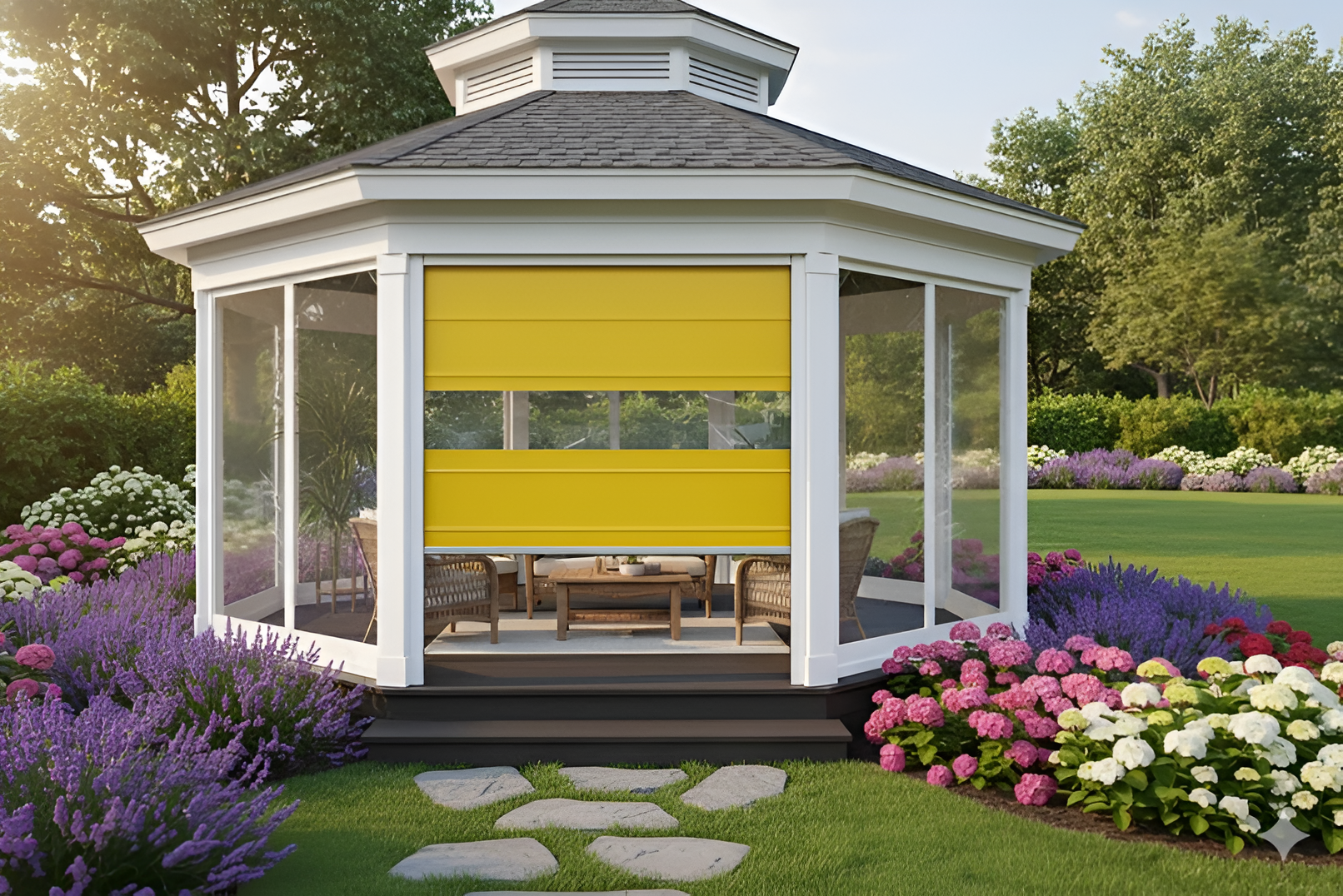Gazebo featuring a bright yellow outdoor vinyl enclosure door, set in a landscaped garden with colorful flowers and shrubs.