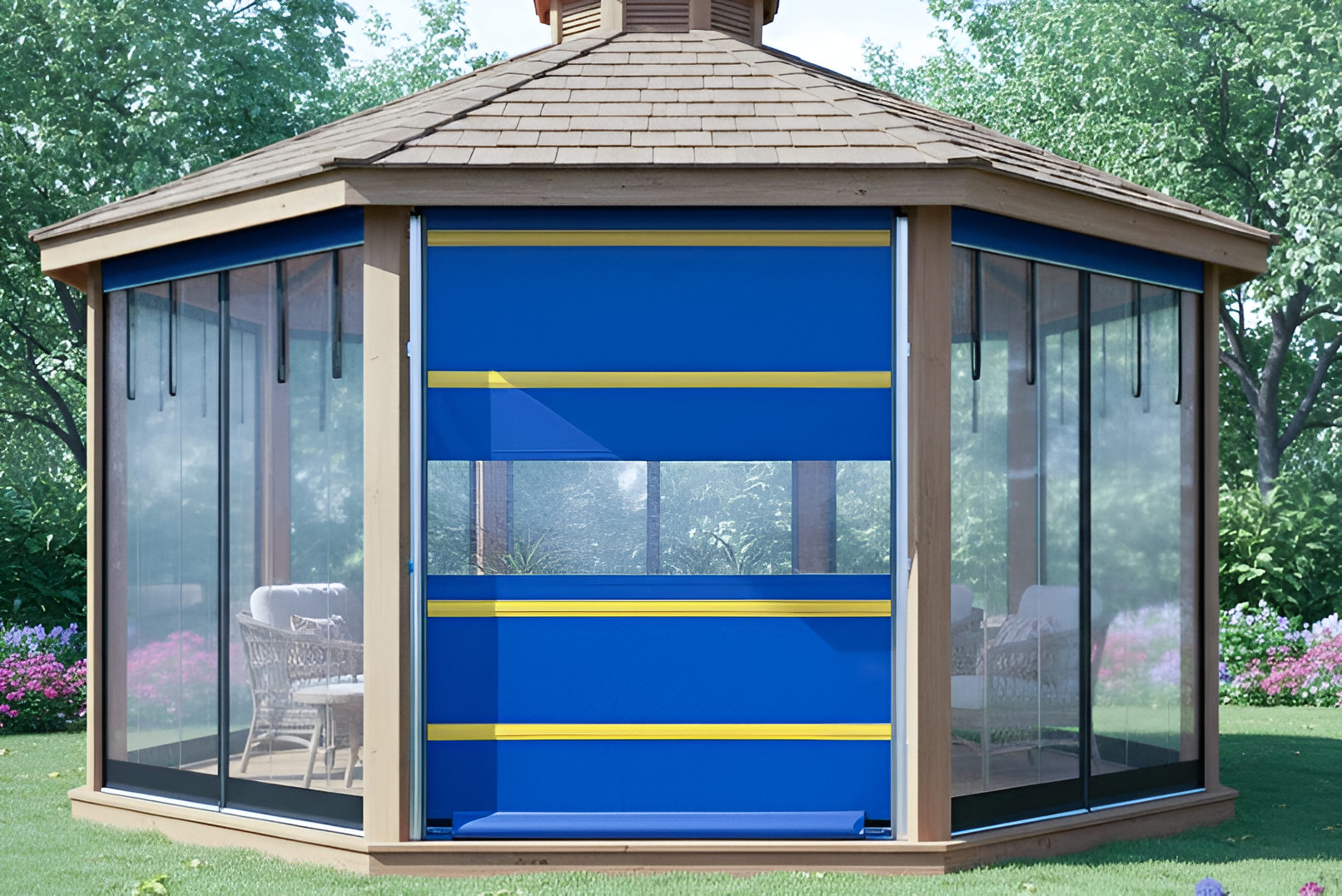 Gazebo fitted with a blue roll up vinyl door with yellow stripes to help control wind, rain, and insects
