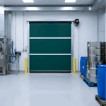 Green Roll Up Bug Door installed in a clean chemical work zone designed for airflow and contamination control.