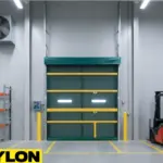 Green Roll Up Bug Door installed in a high-traffic industrial workspace to maintain airflow and prevent pest entry.