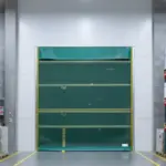 Green Roll Up Bug Door installed in a warehouse aisle to provide airflow and block insects while keeping inventory areas clean.