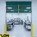 Green high-speed vinyl roll-up door partially open to a clean processing facility with workers in protective gear.