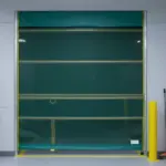 Green mesh ventilation door installed in an industrial room to allow airflow while reducing insects and light debris.
