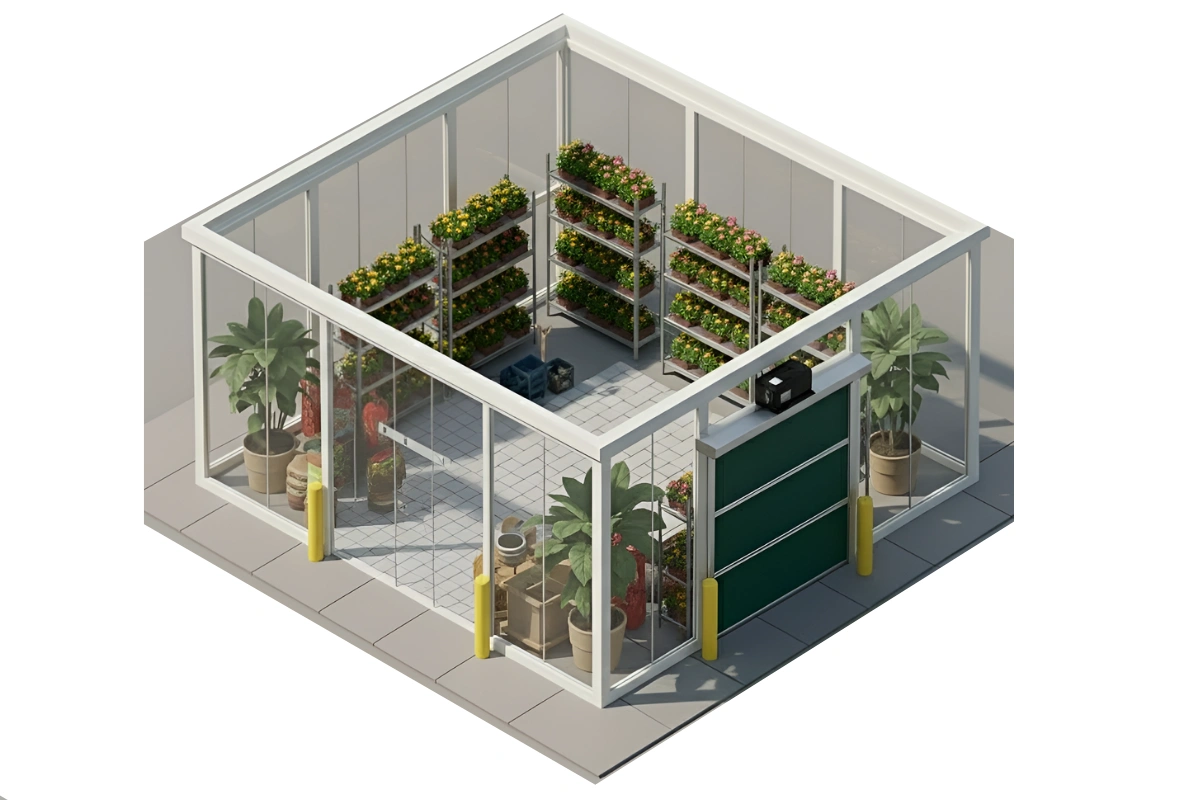 Greenhouse entrance using a yellow Roll Up Bug Door to allow airflow while blocking insects for a cleaner and safer work area.