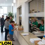 Guests interacting with staff at a church hall reception desk secured by a Roll Up Counter Door, showing organized service and efficient guest check-in.