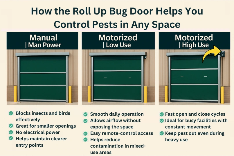 Infographic comparing manual, motorized low use, and motorized high use Roll Up Bug Doors with key benefits for different facility needs.