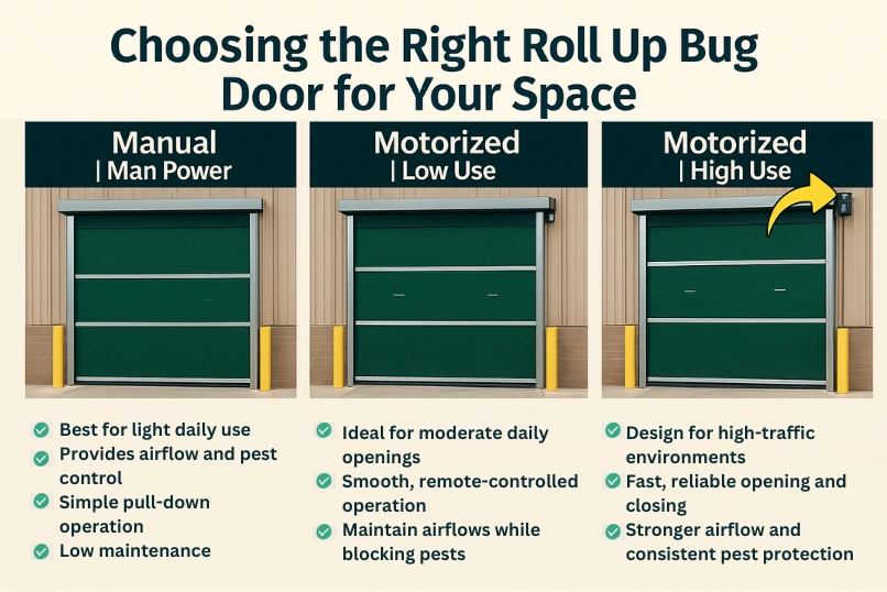 Infographic comparing manual, motorized low-use, and motorized high-use ventilation door options for different facility needs.