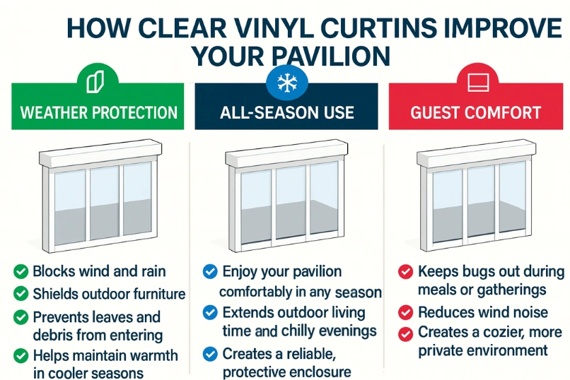 Infographic showing how clear vinyl curtains improve a pavilion, highlighting three categories weather protection, all-season use, and guest comfort, with icons and checklists describing benefits like blocking wind