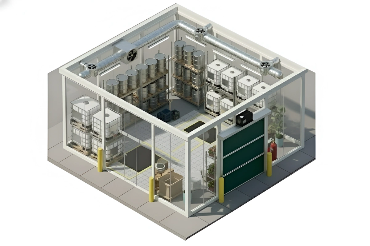 Isometric view of a chemical storage room using a Roll Up Bug Door, showing drums, IBC totes, ventilation ducts