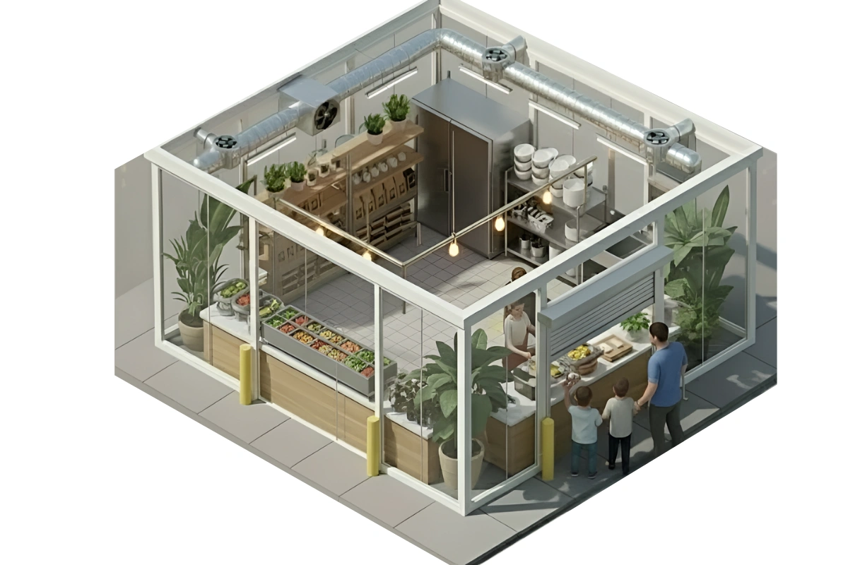 Isometric view of a church hall serving area with a Roll Up Counter Door, showing volunteers serving guests and organized counters inside the space.