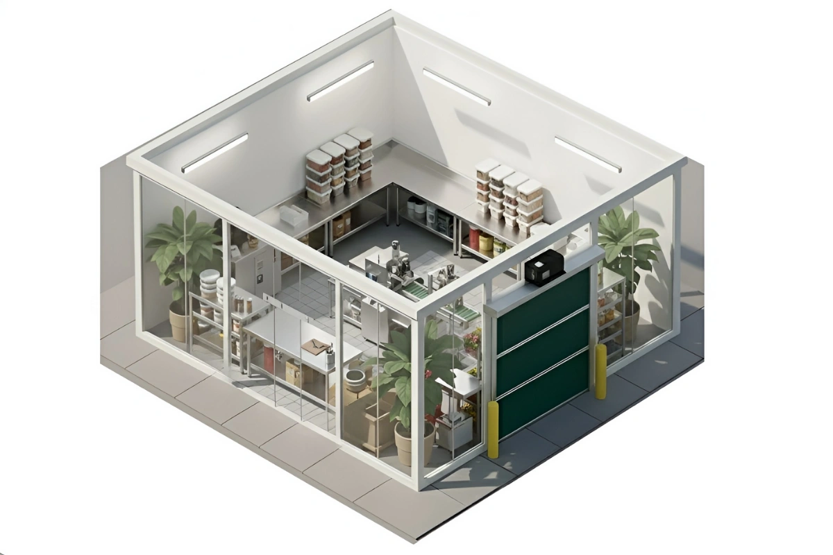 Isometric view of a clean food preparation room using a green Roll Up Bug Door to improve ventilation and keep insects out.