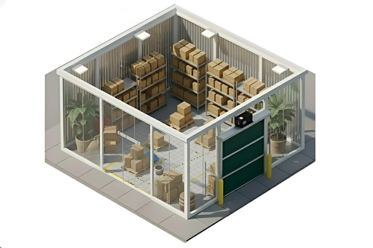 Isometric view of a commercial storage room with shelves of boxes and a green Roll Up Bug Door providing ventilation and pest control at the main entrance.