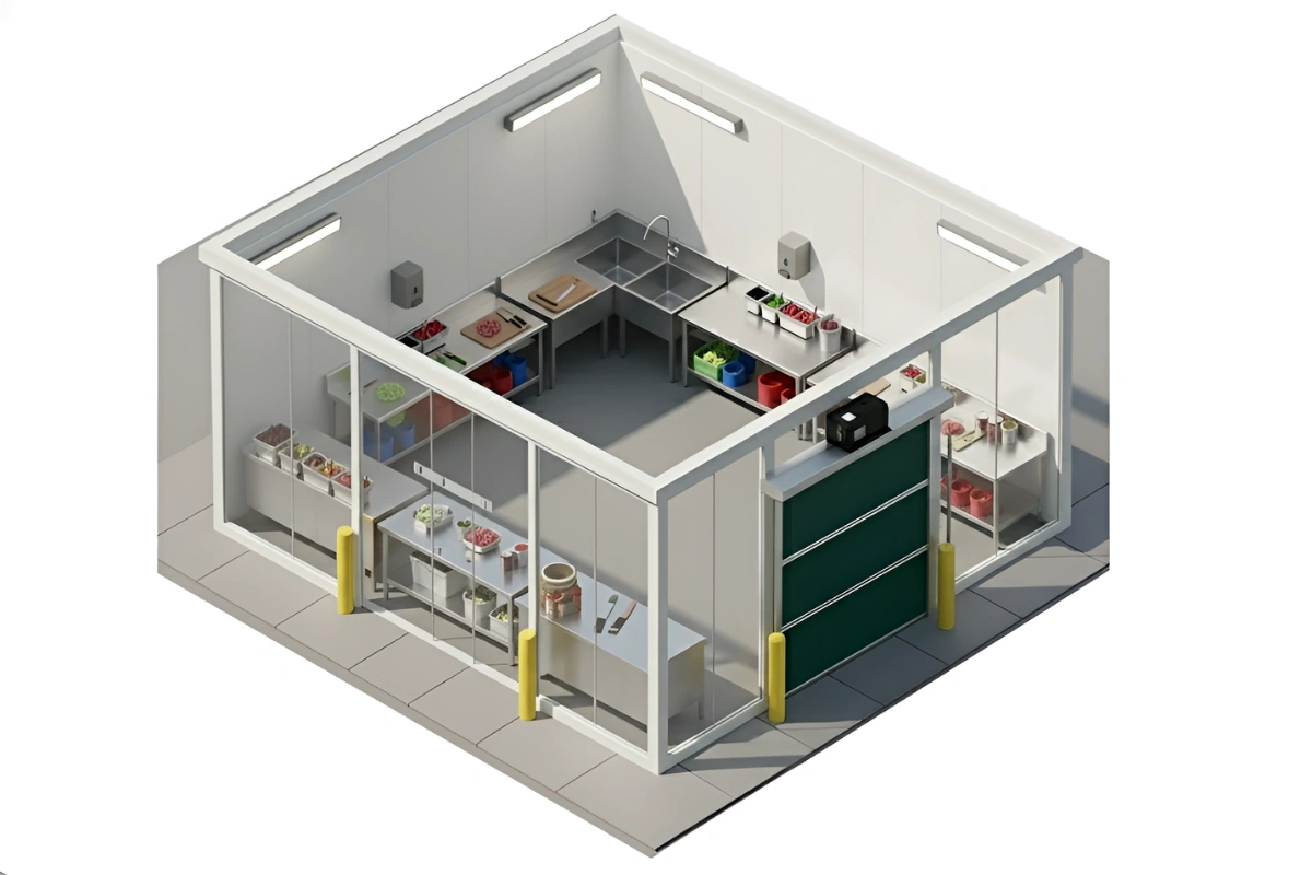 “Isometric view of a food prep room featuring a Roll Up Bug Door that helps improve airflow and protect clean work areas during ingredient handling.”