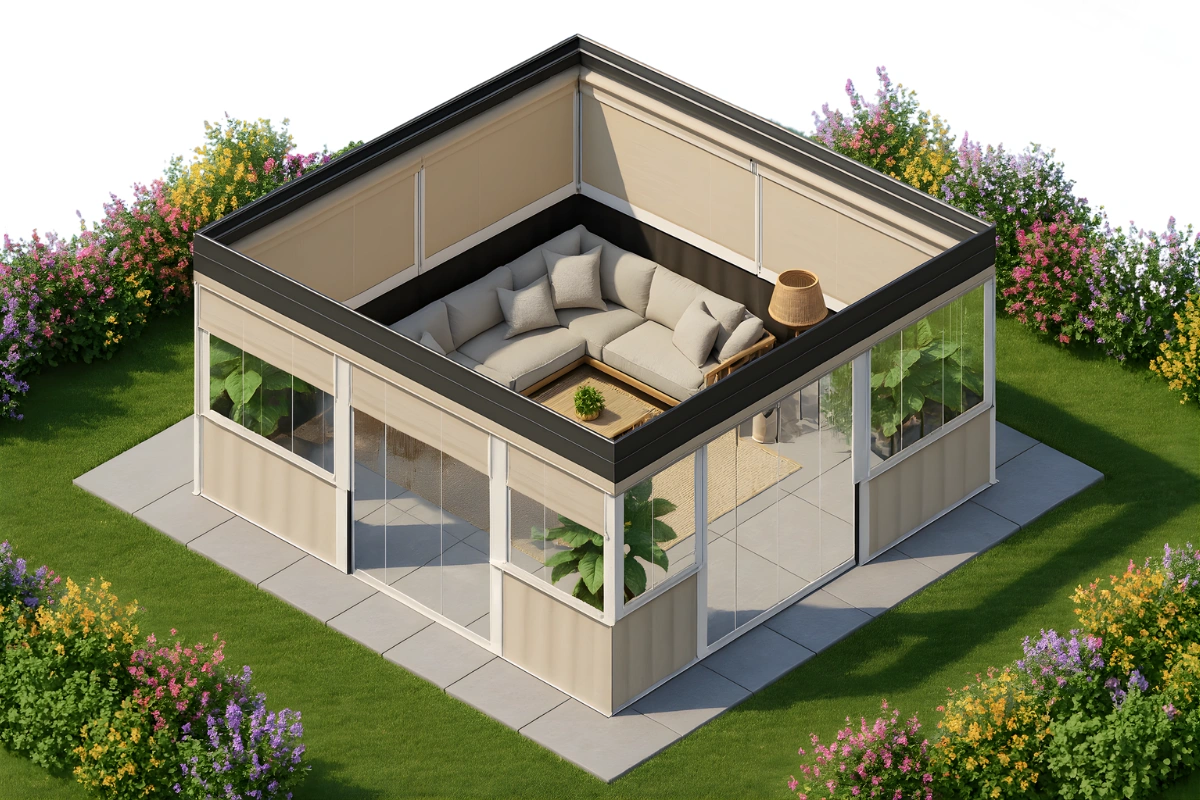 Isometric view of a sun room enclosed with motorized clear vinyl curtains, featuring patio furniture, potted plants, and a surrounding garden for year-round outdoor enjoyment.