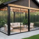 “Modern pavilion with clear vinyl curtain fully lowered, creating a cozy enclosed outdoor seating area with warm lighting.”