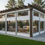Pavilion fully enclosed with white motorized clear vinyl curtains, showing a comfortable weather-protected outdoor living area.