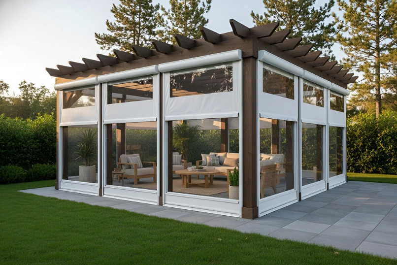 Pavilion fully enclosed with white motorized clear vinyl curtains, showing a comfortable weather-protected outdoor living area.