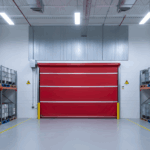 Red Roll Up Bug Door used in a chemical storage area with industrial shelving and safety-labeled containers.