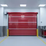 Red high-speed roll up door installed in a clean processing room to support fast operation and controlled airflow.