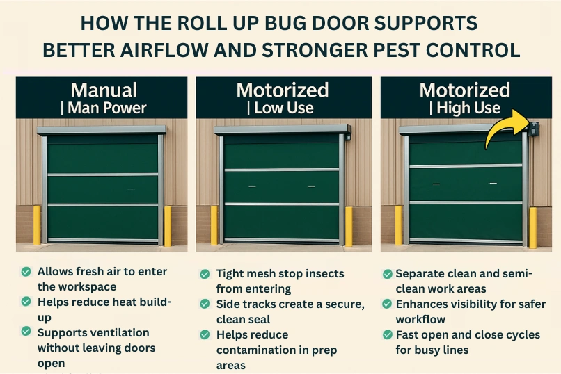 “Roll Up Bug Door in a food prep room helping maintain clean airflow and comfort while keeping pests out of sensitive work areas.”