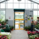 Roll Up Bug Door installed in a greenhouse garden center to keep insects out while allowing airflow for staff and customers.