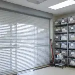 Roll Up Counter Door with solid slats securing supplies in a church hall storage room