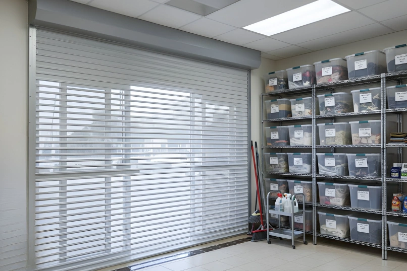 Roll Up Counter Door with solid slats securing supplies in a church hall storage room