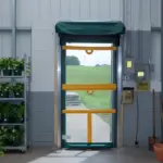Small mesh ventilation door installed at a greenhouse entrance to improve airflow while keeping insects out.