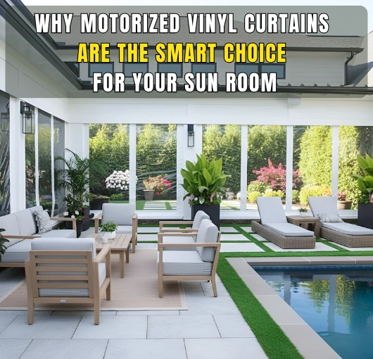 “Spacious sun room with motorized clear vinyl curtains, modern outdoor seating, and vibrant garden view, ideal for year-round enjoyment.”