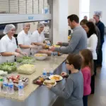 Volunteers serving meals through a Roll Up Counter Door in a church hall dining area