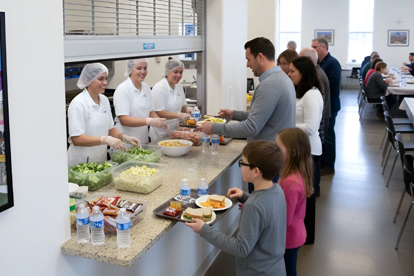 Volunteers serving meals through a Roll Up Counter Door in a church hall dining area