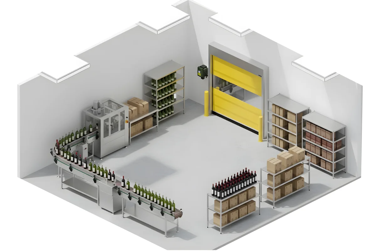 3D perspective showing a winery bottling line, storage racks, and a yellow vinyl roll-up door providing separation and maintaining controlled conditions.